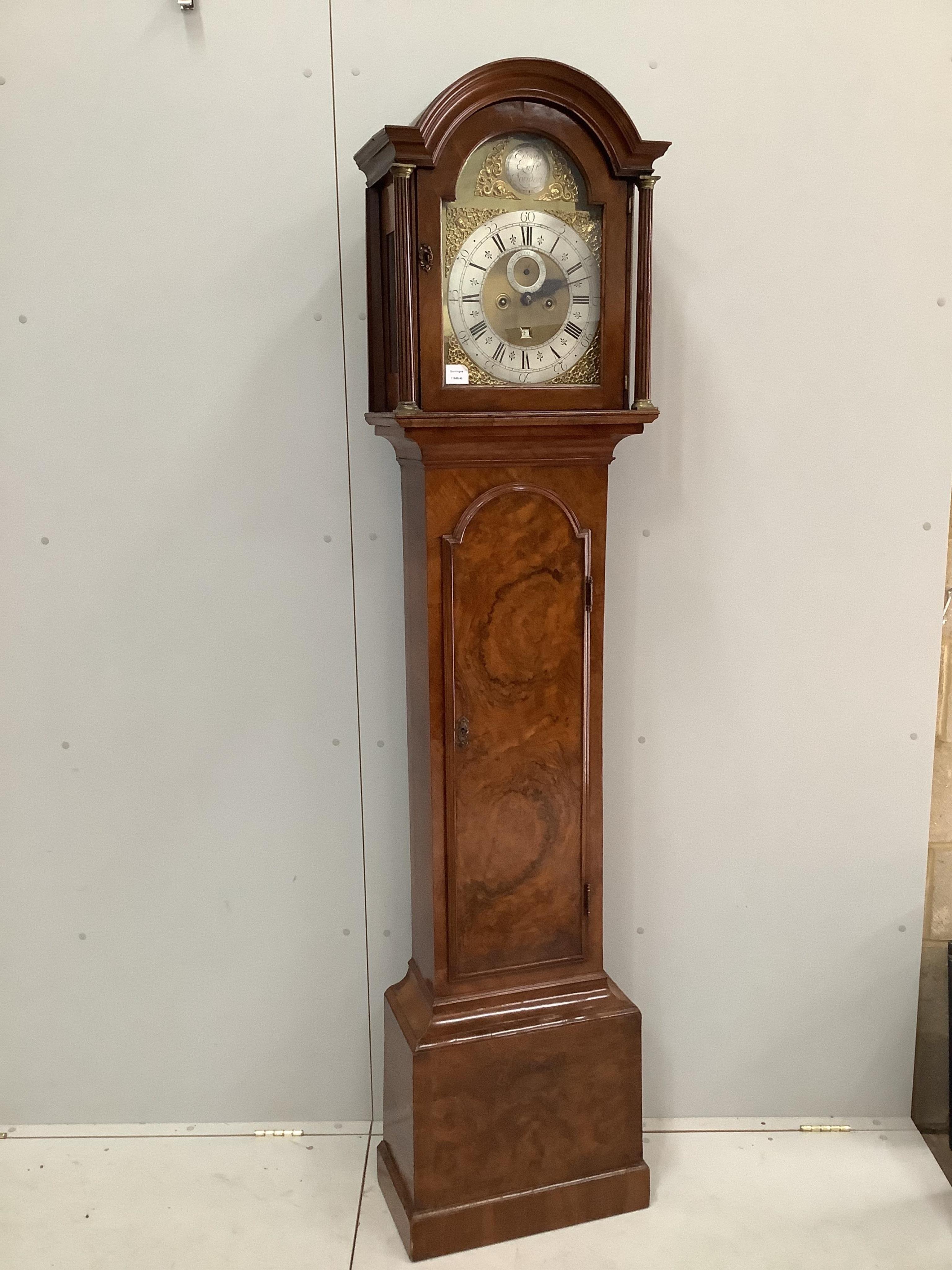 A George II and later burr walnut eight day longcase clock by Edward Croft, London, height 214cm. Condition - good